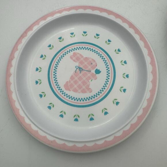 Hallmark Bunny Kids Plate Bowl Set Pink Blue Tulip Spring Easter 80s Vintage - Picture 2 of 9